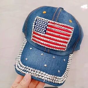 American flag patriotic rhinestone light blue denim hat baseball cap for women